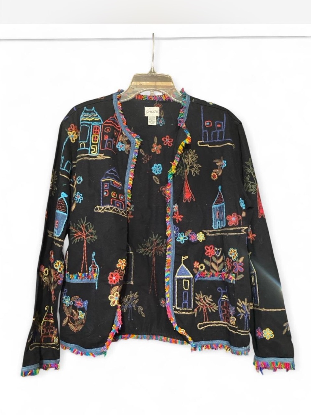 Chico's Black Embroidered Village Open-Front Jacket